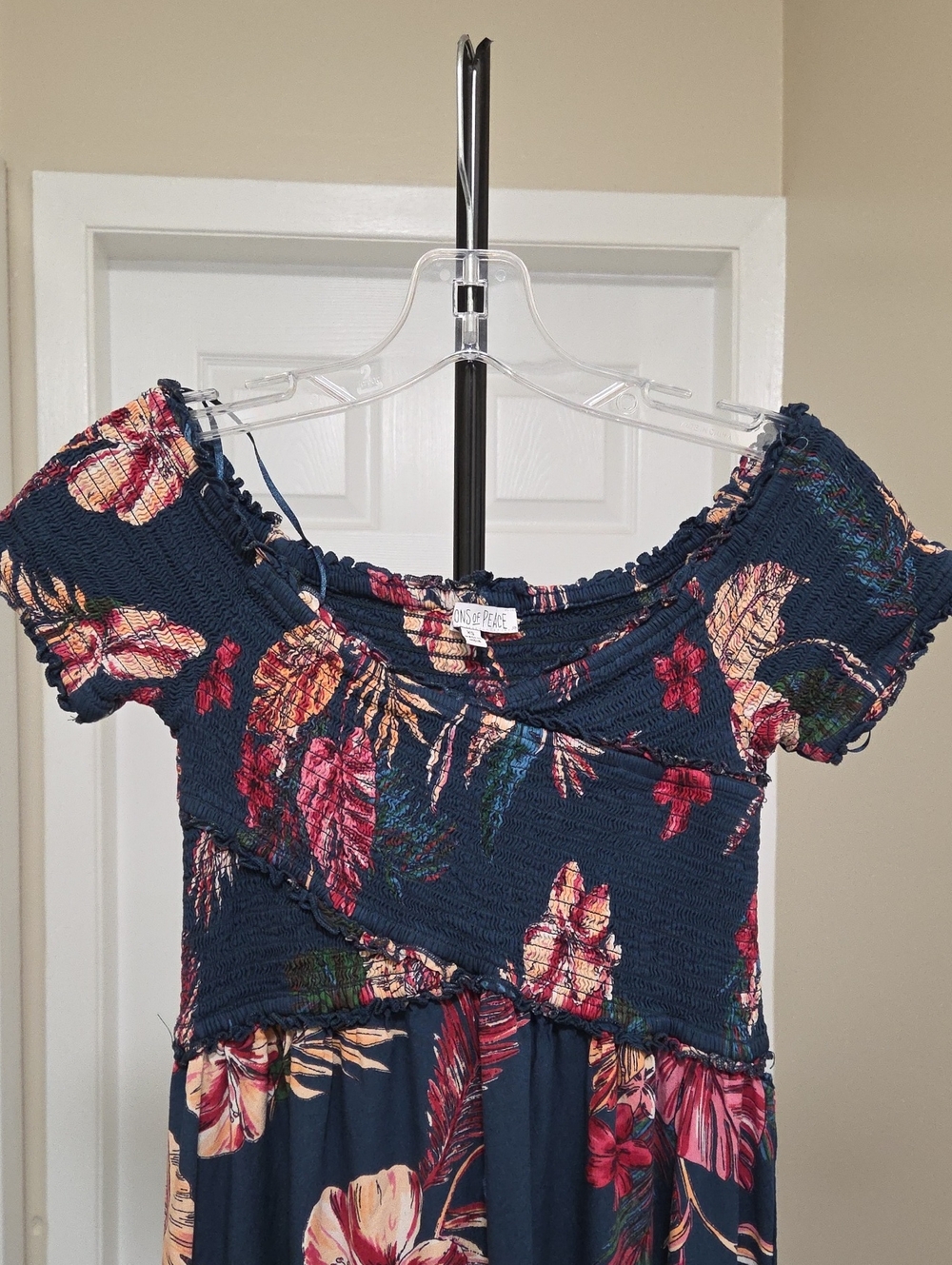 Patrons of Peace Navy Tropical Floral Smocked Off-Shoulder Maxi Dress Boho Rayon - Picture 3 of 9